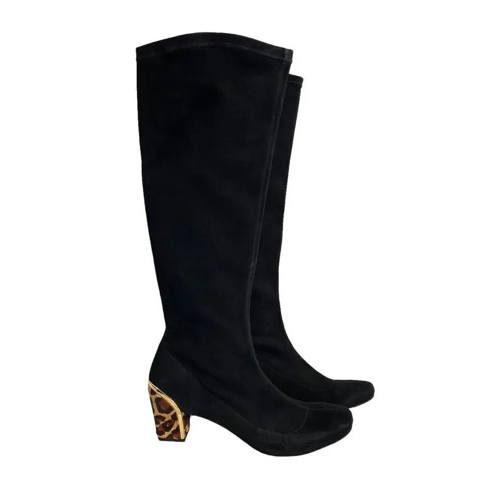 Diane von Furstenberg Henrietta knee suede Boots Size 8.5 Black/Camel Leopard‎
